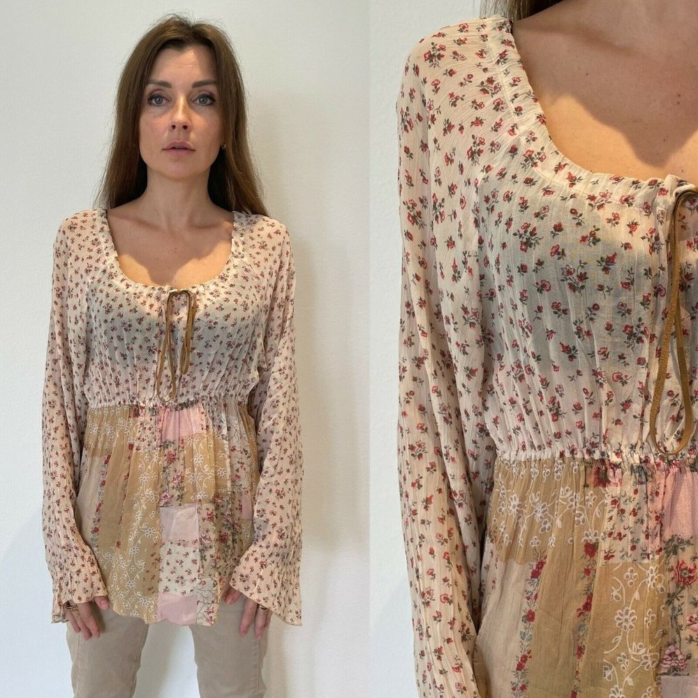 Vintage EXE Peasent Tie PatchWork Floral Y2K Top